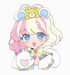 Rule 34 | 1girl, :d, amauri miruki, amauri miruki (primagista), animal ears, bear ears, bear paws, blonde hair, blue eyes, blush, bow, commentary request, fake animal ears, highres, looking at viewer, multicolored hair, nojima minami, open mouth, pink hair, pretty series, short hair, simple background, smile, solo, stuffed animal, stuffed toy, teddy bear, two-tone hair, upper body, waccha primagi!, white background, yellow bow