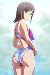 Rule 34 | 1girl, ass, blue eyes, breasts, brown hair, commentary request, competition swimsuit, cowboy shot, from behind, highleg, highleg swimsuit, large breasts, looking at viewer, looking back, medium hair, monteriakitto, one-piece swimsuit, original, short hair, smile, solo, standing, swimsuit, white one-piece swimsuit