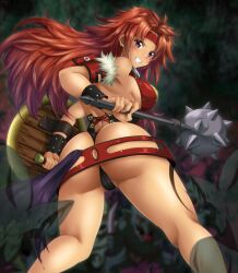 Rule 34 | 1girl, ass, breasts, colored skin, goblin, goblin male, green skin, highres, huge ass, large breasts, leaning forward, long hair, looking at viewer, looking back, m.i.y, mace, multiple boys, purple eyes, queen&#039;s blade, red hair, revealing clothes, risty (queen&#039;s blade), shield, sideboob, smile, teeth, thick thighs, thighs, weapon, wide hips