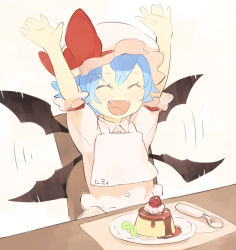 Rule 34 | 1girl, :d, arms up, bat wings, bib, blue hair, chair, dress, fangs, flapping, food, fruit, happy, hat, hat ribbon, mob cap, open mouth, pink dress, plate, pudding, remilia scarlet, ribbon, shihou (g-o-s), short sleeves, sitting, smile, solo, spoon, strawberry, touhou, wings