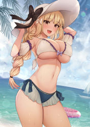 Rule 34 | 1girl, beach, bikini, bikini skirt, black bow, blonde hair, blue eyes, blush, bow, braid, braided ponytail, breasts, commentary request, day, groin, hair bow, hair ornament, hands on headwear, hat, highres, innertube, kannko bokujou, large breasts, long hair, looking at viewer, navel, open mouth, outdoors, princess connect!, saren (princess connect!), saren (real) (princess connect!), skindentation, smile, solo, stomach, sun hat, swim ring, swimsuit, thighs