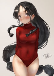 Rule 34 | 1girl, alternate costume, black hair, blush, breasts, brown eyes, closed mouth, covered navel, dated, heattech leotard, high ponytail, kantai collection, leotard, long hair, medium breasts, multi-tied hair, nisshin (kancolle), red sweater, ribbed sweater, short eyebrows, solo, sweater, thick eyebrows, toka (marchlizard), turtleneck, very long hair