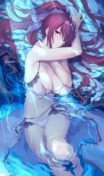 Rule 34 | 1girl, alternate costume, arm up, bikini, blush, breasts, circlet, cleavage, collarbone, fate/grand order, fate (series), flower, from above, hair flower, hair ornament, hand on own shoulder, hibiscus, kousaki rui, large breasts, long hair, looking at viewer, navel, parted lips, partially submerged, ponytail, purple bikini, purple hair, red eyes, scathach (fate), scathach skadi (fate), sidelocks, signature, solo, swimsuit, very long hair