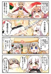 Rule 34 | 1boy, 4girls, 4koma, :d, :o, absurdres, ahoge, archer (fate), black shirt, blonde hair, blue eyes, blue shirt, blush, bow, brown eyes, brown hair, chibi, clenched hands, closed eyes, closed mouth, comic, commentary request, conveyor belt sushi, dark-skinned male, dark skin, fate/grand order, fate/stay night, fate (series), fish (food), food, forehead, fujimaru ritsuka (female), green bow, green ribbon, hair between eyes, hair bow, hands up, headpiece, highres, holding, ikura (food), index finger raised, jacket, jako (jakoo21), jeanne d&#039;arc (fate), jeanne d&#039;arc (ruler) (fate), jeanne d&#039;arc alter (avenger) (fate), jeanne d&#039;arc alter (fate), jeanne d&#039;arc alter santa lily (fate), long sleeves, multiple girls, open mouth, outstretched arms, profile, red jacket, ribbon, round teeth, shirt, smile, sparkle, striped bow, striped ribbon, sushi, sweat, teeth, translation request, upper teeth only, v-shaped eyebrows, white hair