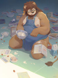Rule 34 | 1boy, absurdres, animal ears, apron, baking, bara, bare pectorals, biceps, book, bowl, brown fur, brown hair, chest hair, cookbook, egg (food), fang, fang out, flour, food, fruit, full body, furry, furry male, glasses, highres, holding, holding bowl, holding whisk, large pectorals, lion boy, lion tail, looking down, male focus, medium hair, messy, messy room, milk, muscular, muscular male, naked apron, nipples, on floor, open mouth, original, pectorals, reading, rectangular eyewear, scattered books, scattered paper, seamonsterping, sideburns, solo, strawberry, tail, thick thighs, thighs, whisk, yellow eyes