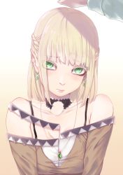 Rule 34 | 1boy, 1girl, alternate costume, bare shoulders, blonde hair, blush, braid, breasts, brown shirt, choker, closed mouth, commentary request, earrings, eyes visible through hair, french braid, gem, green eyes, headpat, jewelry, looking at viewer, medium breasts, medium hair, mizuhashi parsee, necklace, pointy ears, pov, sakai-saka, shirt, solo focus, touhou, upper body