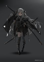 Rule 34 | 1girl, absurdres, black bow, black dress, black footwear, black gloves, black thighhighs, boots, bow, breasts, brown eyes, commentary request, dress, fingerless gloves, gloves, grey background, hair bow, highres, holding, holding sword, holding weapon, katana, knee boots, long hair, long sleeves, original, pleated dress, sheath, sheathed, short dress, silver hair, simple background, small breasts, solo, standing, standing on one leg, sword, thighhighs, thighhighs under boots, unsheathing, very long hair, weapon, wide sleeves, wu lun wujin