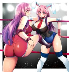 Rule 34 | 2girls, animal ears, blush, boots, breasts, crotch kick, elbow pads, femdom, knee pads, large breasts, leotard, long hair, multiple girls, necktie, niwatori (eck16614), pain, patchouli knowledge, purple eyes, purple hair, rabbit ears, rabbit girl, red eyes, red necktie, reisen udongein inaba, ryona, stage lights, touhou, vest, wrestling, wrestling outfit, wrestling ring