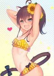 Rule 34 | 1girl, :d, ahoge, animal ear fluff, animal ears, arms up, bare arms, bare shoulders, bikini, blue eyes, blush, breasts, brown hair, cat ears, cat girl, cat tail, diagonal stripes, fang, floral print, flower, hair between eyes, hair flower, hair ornament, heart, high ponytail, highres, hololive, looking at viewer, natsuiro matsuri, natsuiro matsuri (hololive summer 2019), official alternate costume, one-piece tan, open mouth, orange bikini, ponytail, print bikini, small breasts, smile, solo, star (symbol), striped, striped background, sunflower, sunflower hair ornament, swimsuit, tail, tan, tanline, virtual youtuber, wet, yellow flower, yoshiheihe