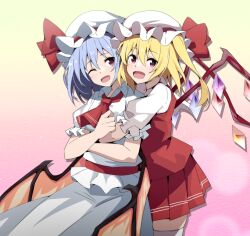 2girls ascot bat_wings blonde_hair blue_hair commentary_request crystal flandre_scarlet hat hat_ribbon hug hug_from_behind light_blush long_hair looking_at_viewer mob_cap multicolored_wings multiple_girls one_side_up open_mouth pleated_skirt puffy_short_sleeves puffy_sleeves red_ascot red_eyes red_skirt red_vest remilia_scarlet ribbon shirt short_sleeves siblings side_ponytail sisters skirt skirt_set smile touhou to~fuya vest white_hat white_shirt white_skirt wings