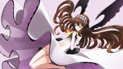 Rule 34 | 1girl, bare shoulders, black wings, blue eyes, brown hair, clothing cutout, commentary, dress, elbow gloves, english commentary, feathered wings, gloves, grey background, hairband, hand on own chest, hands up, heterochromia, kurosu aroma, lolita hairband, long hair, navel, navel cutout, pretty series, pripara, ruru ashihara, solo, very long hair, white dress, white gloves, white hairband, wings, yellow eyes