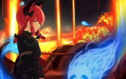 Rule 34 | 1girl, black bow, blue fire, bow, cat day, cat tail, closed mouth, dress, expressionless, fire, flaming skull, floating skull, from side, green dress, hair bow, hair ribbon, highres, hitodama, kaenbyou rin, looking at viewer, mashiba lei, lava, multiple tails, nekomata, profile, red eyes, red hair, ribbon, sideways glance, solo, tail, touhou, tress ribbon, two tails, underground