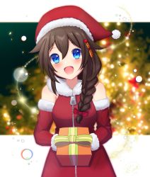 Rule 34 | 1girl, :d, alternate costume, blue eyes, blurry, blurry background, braid, brown hair, christmas tree, detached sleeves, dress, fur-trimmed dress, fur-trimmed headwear, fur trim, gift, hair flaps, hair ornament, hair over shoulder, hair ribbon, hat, holding, holding gift, ittokyu, kantai collection, open mouth, red dress, red hat, red ribbon, ribbon, santa costume, santa hat, shigure (kancolle), shigure kai ni (kancolle), single braid, sleeveless, sleeveless dress, smile, solo, zipper