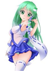 Rule 34 | 1girl, arm up, armpits, bad id, bad pixiv id, bare shoulders, breasts, detached sleeves, eyelashes, frog hair ornament, green eyes, green hair, hair ornament, hair tubes, hand up, head tilt, hiyo koiro, kochiya sanae, long hair, looking at viewer, matching hair/eyes, miniskirt, open mouth, panties, pantyshot, ribbon-trimmed legwear, ribbon-trimmed sleeves, ribbon trim, shirt, simple background, skirt, smile, snake hair ornament, solo, standing, striped clothes, striped panties, taut clothes, taut shirt, thighhighs, touhou, underwear, upskirt, white background, white thighhighs