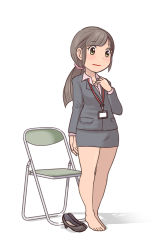 Rule 34 | 1girl, artist request, barefoot, black footwear, black skirt, brown hair, chair, character request, closed mouth, copyright request, feet, full body, green eyes, high heels, highres, lipstick, makeup, miniskirt, office lady, ponytail, shadow, shoes, unworn shoes, simple background, skirt, solo, standing, toes, white background