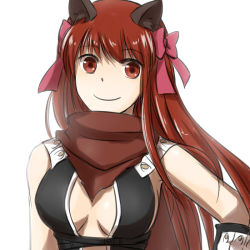 Rule 34 | 1girl, animal ears, armor, assassin cross (ragnarok online), black gloves, black leotard, bow, breasts, cat ears, closed mouth, commentary request, elbow gloves, gloves, hair bow, leotard, long hair, looking at viewer, medium breasts, natsuya (kuttuki), pauldrons, pink bow, ragnarok online, red eyes, red hair, red scarf, revealing clothes, scarf, shoulder armor, simple background, smile, solo, upper body, vambraces, white background