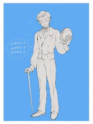 Rule 34 | 1boy, blue background, border, buttons, can, cane, closed eyes, closed mouth, commentary request, creatures (company), flying sweatdrops, full body, game freak, hand up, hat, holding, holding can, holding clothes, holding hat, jacket, kabu (pokemon), male focus, necktie, nintendo, p-40 (tukinosita-de), pants, partially colored, pokemon, pokemon swsh, shirt, shoes, short hair, smile, solo, thought bubble, translation request, unworn hat, unworn headwear, white border