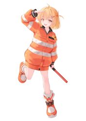 Rule 34 | 1girl, ahoge, blonde hair, boots, daidai (daidai826), dot nose, full body, hair ornament, hairclip, highres, holding, holding weapon, jacker, jacket, long sleeves, looking at viewer, medium hair, open mouth, orange eyes, orange footwear, orange jacket, original, second-party source, shoes, simple background, solo, standing, standing on one leg, teeth, weapon, white background