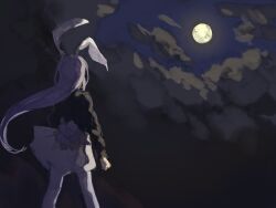 Rule 34 | 1girl, animal ears, black shirt, cloud, cloudy sky, from behind, full moon, highres, long hair, long sleeves, moon, night, night sky, outdoors, pleated skirt, purple hair, rabbit ears, rabbit girl, rabbit tail, reisen udongein inaba, shirt, skirt, sky, solo, tail, touhou, white skirt, youshouhaoxianzhe
