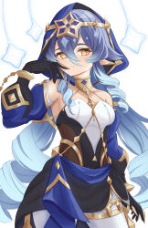 Rule 34 | absurdres, blue hair, blue hood, claw ring, commentary, drill hair, drill sidelocks, genshin impact, gold choker, highres, hood, jewelry, layla (genshin impact), neck ring, pointy ears, shuvalun8, sidelocks, thighlet