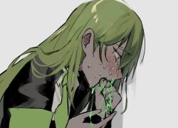 Rule 34 | 1boy, black jacket, blush, collared shirt, crying, enkephalin (project moon), green hair, green necktie, jacket, lobotomy corporation, long hair, long sleeves, male focus, mu46016419, necktie, netzach (project moon), open mouth, project moon, shirt, solo, tongue, very long hair, white shirt