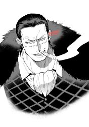 Rule 34 | 1boy, absurdres, ascot, black hair, cape, cigar, collared shirt, crocodile (one piece), dated, fur cape, greyscale, hair slicked back, highres, looking at viewer, male focus, momoh jiyucho, monochrome, one piece, portrait, print request, print vest, scar, scar on face, shirt, simple background, smoke, smoking, solo, white background