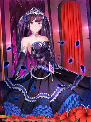 Rule 34 | 1girl, arch, arms at sides, bare shoulders, black dress, black hair, blue dress, breasts, cleavage, company name, curtains, dress, elbow gloves, eternal wars, flower, frilled dress, frills, gloves, highres, indoors, looking at viewer, medium breasts, official art, parted lips, petals, purple eyes, smile, solo, strapless, strapless dress, sysen, tiara, twintails, two side up, watermark, web address