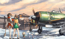 Rule 34 | 10s, 2girls, 601 air group pilot (kancolle), :d, aircraft, airplane, akagi (kancolle), brown eyes, closed eyes, cloud, doraxi, fairy (kancolle), highres, hip vent, hiryuu (kancolle), japanese clothes, kantai collection, long hair, miniskirt, multiple girls, open mouth, profile, propeller, scarf, shovel, skilled carrier-based aircraft maintenance personnel, skirt, sky, smile, snow, thighhighs, vehicle focus, winter, worktool, zettai ryouiki