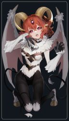 Rule 34 | 1girl, @ @, breasts, command spell, commentary request, corruption, cosplay, dark young (fate), dark young (fate) (cosplay), demon girl, demon horns, demon wings, fate/grand order, fate (series), fingernails, fujimaru ritsuka (female), fur, galibo, goat horns, goat legs, highres, hooves, horns, kneeling, long fingernails, looking at viewer, medium breasts, monster girl, monsterification, multiple tails, open mouth, orange eyes, orange hair, sharp fingernails, tail, teeth, third eye, upper teeth only, wings