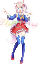 Rule 34 | 1girl, ahoge, animal ears, bare shoulders, blue eyes, blue shirt, blue sleeves, blue thighhighs, blush, bow, breasts, coma (light825), commentary request, detached sleeves, eighth note, fox ears, fox girl, fox shadow puppet, fox tail, frilled skirt, frills, full body, hair ornament, highres, howan (show by rock!!), long hair, long sleeves, looking at viewer, musical note, nail polish, open mouth, pleated skirt, red bow, red footwear, red skirt, sailor collar, sandals, shirt, show by rock!!, simple background, skirt, sleeveless, sleeveless shirt, smile, solo, standing, tail, thighhighs, white background, wide sleeves
