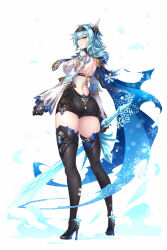 Rule 34 | 1girl, aata1007, ass, back, backless outfit, belt, black footwear, black gloves, black hairband, black leotard, blue cape, blue hair, blush, boots, breasts, cape, crystal sword, eula (genshin impact), genshin impact, gloves, greatsword, hair ornament, hairband, high heel boots, high heels, highres, large breasts, leotard, long sleeves, looking at viewer, looking back, medium hair, necktie, shirt, sidelocks, snowflakes, sword, thigh boots, underbust, weapon, white shirt, yellow eyes