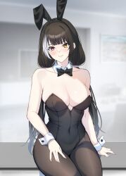 Rule 34 | 1girl, absurdres, alternate costume, animal ears, black bow, black hair, black pantyhose, blurry, blurry background, blush, bow, bowtie, breasts, cleavage, collar, covered navel, entogman, fake animal ears, girls&#039; frontline, hand on own thigh, heterochromia, highres, jewelry, leotard, long hair, looking at viewer, multicolored hair, orange eyes, pantyhose, playboy bunny, rabbit ears, ring, ro635 (girls&#039; frontline), sitting, smile, streaked hair, wedding ring, white hair, wrist cuffs, yellow eyes