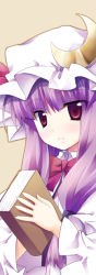 Rule 34 | 1girl, book, crescent, female focus, hat, long hair, minase, patchouli knowledge, purple eyes, purple hair, solo, touhou, upper body
