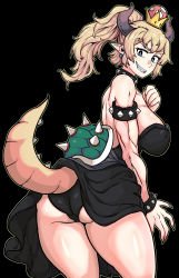 Rule 34 | &gt;:), 1girl, absurdres, armlet, ass, back, bare shoulders, black background, black collar, black dress, black panties, blonde hair, blue eyes, bowsette, bracelet, breasts, clothes lift, collar, crown, dinoyhs, dress, dress lift, earrings, fingernails, grin, high ponytail, highres, horns, jewelry, korean commentary, large breasts, lifted by tail, long hair, mario (series), new super mario bros. u deluxe, nintendo, panties, pointy ears, sharp fingernails, sharp teeth, simple background, smile, solo, spiked armlet, spiked bracelet, spiked collar, spiked shell, spiked tail, spikes, strapless, strapless dress, super crown, tail, teeth, toned, turtle shell, twisted torso, underwear, v-shaped eyebrows