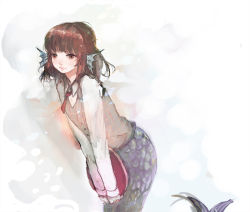 Rule 34 | 1girl, animal ears, bad id, bad pixiv id, brown eyes, brown hair, fins, goma, gomoma (bluehighlow), head fins, leaning forward, light smile, long hair, long sleeves, mermaid, messy hair, monster girl, plaid, plaid vest, scales, smile, solo, tray, v arms, vest, waitress
