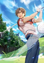 Rule 34 | 1boy, :d, bad id, bad pixiv id, ball, belt, blue sky, brown eyes, brown hair, day, ddaomphyo, artistic error, flag, glint, gloves, golf, golf ball, golf club, grass, highres, male focus, official art, open mouth, outdoors, pants, shirt, short sleeves, single glove, sky, smile, t-shirt, tree, white gloves, wristband