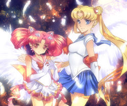 Rule 34 | 1990s (style), 2girls, angel wings, bare legs, bishoujo senshi sailor moon, bishoujo senshi sailor moon sailor stars, blonde hair, blue eyes, blue sailor collar, blue skirt, blush, breasts, chibi usa, child, choker, closed mouth, crescent, crescent facial mark, elbow gloves, facial mark, forehead mark, gloves, highres, kaminary, long hair, magical girl, medium breasts, miniskirt, mother and daughter, multicolored clothes, multicolored skirt, multiple girls, parted bangs, pink eyes, pink hair, pleated skirt, retro artstyle, sailor chibi moon, sailor collar, sailor moon, see-through, see-through sleeves, skirt, smile, standing, super sailor chibi moon, tiara, tsukino usagi, very long hair, wings