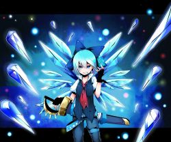 Rule 34 | 1girl, adapted costume, bad id, bad pixiv id, blue eyes, blue hair, bow, cirno, fingerless gloves, gloves, hair bow, highres, ice, kona sleipnir, letterboxed, matching hair/eyes, necktie, short hair, solo, sword, touhou, weapon, wings