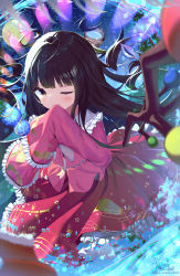 Rule 34 | 1girl, ;), bamboo print, black eyes, black hair, blush, bow, bowl, branch, commentary request, covering own mouth, danmaku, egasumi, floating, floating hair, floral print, frilled shirt collar, frilled skirt, frilled sleeves, frills, highres, hime cut, houraisan kaguya, japanese clothes, jeweled branch of hourai, kiramarukou, long hair, long skirt, long sleeves, looking at viewer, night, one eye closed, pink shirt, red skirt, shawl, shell, shirt, signature, skirt, sky, sleeves past wrists, smile, solo, star (sky), starry sky, touhou, twitter username, very long hair, white bow, white neckwear, wide sleeves