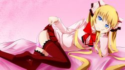 Rule 34 | 1girl, arc system works, artist request, ass, bed, blazblue, blonde hair, blue eyes, bow, clothes lift, come hither, hair bow, highres, kuon glamred stroheim, light smile, long hair, looking at viewer, lying, naughty face, on side, panties, pink panties, red thighhighs, ribbon, school uniform, skirt, skirt lift, smile, thighhighs, twintails, underwear, upskirt, xblaze, xblaze code: embryo