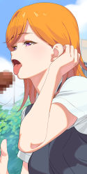 Rule 34 | 1girl, a1 (initial-g), blue sky, censored, cloud, day, highres, love live!, love live! superstar!!, mosaic censoring, open mouth, orange hair, outdoors, penis, purple eyes, shibuya kanon, short hair, sky, solo focus, tongue