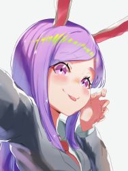 Rule 34 | 1girl, animal ears, black jacket, blazer, blush, closed mouth, commentary, cookie (touhou), highres, hisui (cookie), jacket, johnnyyyyy, long hair, long sleeves, looking at viewer, necktie, portrait, purple eyes, purple hair, rabbit ears, red necktie, reisen udongein inaba, selfie, shirt, simple background, smile, solo, swept bangs, tongue, tongue out, touhou, white background, white shirt
