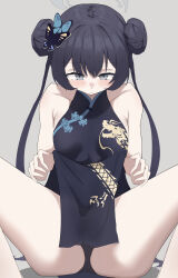 Rule 34 | 1girl, absurdres, bare shoulders, black dress, black hair, blue archive, breasts, buchio b, china dress, chinese clothes, double bun, dragon print, dress, grey background, grey eyes, hair bun, highres, kisaki (blue archive), long hair, looking at viewer, m legs, print dress, simple background, sitting, small breasts, solo, twintails