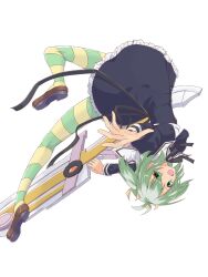 Rule 34 | 1girl, assault lily, black ribbon, black skirt, brown footwear, cropped jacket, fang, frilled skirt, frills, full body, green eyes, green hair, green pantyhose, gumoyu, hair between eyes, hair ribbon, hands up, high-waist skirt, highres, holding, holding weapon, juliet sleeves, loafers, long sleeves, looking at viewer, midair, miniskirt, multicolored pantyhose, neck ribbon, open mouth, outstretched arms, pantyhose, puffy sleeves, reaching, reaching towards viewer, ribbon, school uniform, shirt, shoe soles, shoes, short hair, simple background, skin fang, skirt, solo, striped clothes, striped pantyhose, two side up, upside-down, weapon, white background, white shirt, yellow pantyhose, yellow ribbon, yoshimura thi mai, yurigaoka girls academy school uniform