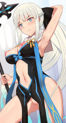 Rule 34 | 1girl, arm behind head, arm up, armpits, bare shoulders, black bow, black dress, blue eyes, bow, braid, breasts, capelet, censored, center opening, dress, fate/grand order, fate (series), female focus, french braid, grey hair, hair bow, highres, large breasts, long hair, looking at viewer, morgan le fay (fate), mosaic censoring, navel, nipples, nt00, pelvic curtain, polearm, ponytail, pussy, sidelocks, solo, spear, thighs, very long hair, weapon, white capelet
