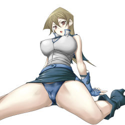 Rule 34 | 1girl, :o, blonde hair, boots, breasts, brown eyes, cameltoe, cleft of venus, covered erect nipples, duel academy uniform (yu-gi-oh! gx), fingerless gloves, gloves, hajime shindo, impossible clothes, large breasts, long hair, obelisk blue uniform, panties, pantyshot, sitting, skirt, solo, tenjouin asuka, underwear, upskirt, wariza, yu-gi-oh!, yu-gi-oh! gx