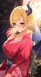 Rule 34 | 1girl, blonde hair, blurry, blurry background, blurry foreground, blush, breast tattoo, breasts, collarbone, demon girl, demon horns, demon tail, demon wings, earrings, fireworks, gradient hair, heart, heart tattoo, highres, hololive, horns, japanese clothes, jewelry, kimono, large breasts, looking at viewer, medium hair, multicolored hair, pink hair, pointy ears, red kimono, solo, tail, tattoo, two-tone hair, tyabesu, virtual youtuber, wings, yuzuki choco