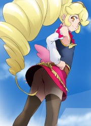 Rule 34 | 10s, 1girl, armpits, ass, bare shoulders, belt, black thighhighs, blonde hair, blonde haired cure (bomber girls precure) (happinesscharge precure!), blue background, blue sky, bomber girls precure, bow, brown eyes, day, detached sleeves, drill hair, earrings, flat chest, fringe trim, from behind, hand on own hip, happinesscharge precure!, haruyama kazunori, hat, jewelry, light smile, long hair, looking at viewer, looking back, mini hat, miniskirt, panties, pantyshot, ponytail, precure, purple panties, skirt, sky, smile, solo, string panties, thighhighs, thong, underwear, upskirt, wings