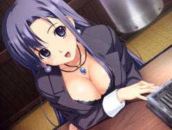 Rule 34 | 10s, 1girl, blue eyes, bra, breasts, cleavage, desk, downblouse, earrings, game cg, highres, indoors, jacket, jewelry, koutaro, lace, lace-trimmed bra, lace trim, large breasts, lingerie, locket, long hair, nail polish, office lady, open mouth, pendant, saotome nagi, solo, tropical kiss, underwear, very long hair, wallpaper, wrist cuffs