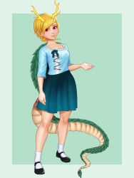 Rule 34 | 1girl, aethos, antlers, aqua background, arm at side, arm up, black footwear, blonde hair, blue bow, blue shirt, blue skirt, bow, braid, braided ponytail, breasts, collarbone, commentary, dragon girl, dragon horns, dragon tail, expressionless, full body, highres, horns, kicchou yachie, lips, looking at viewer, mary janes, open hand, red eyes, shirt, shoes, short hair, short ponytail, simple background, skirt, sleeves past elbows, small breasts, socks, solo, standing, tail, touhou, turtle shell, two-tone background, white socks
